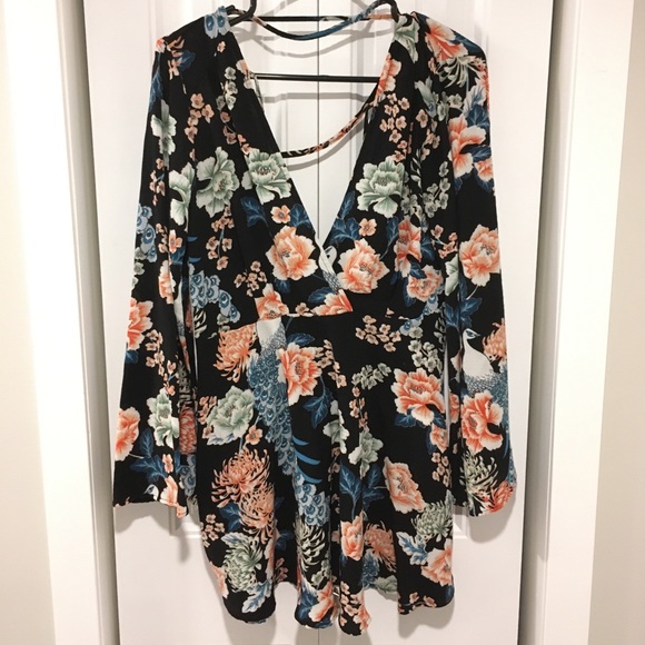 Beautiful Chiffon Peacock Peonies Mini Dress L - Picture 2 of 4